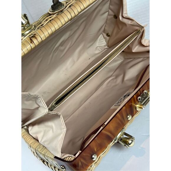 Vintage Atlas Sea Shell Tan Straw Woven Wicker PURSE Pearls Women HANDBAG BAG - Picture 8 of 13